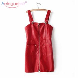 Aelegantmis Cool Slim Autumn PU Leather Dress Women Sexy Mini Overalls Female Bodycon Slip Club Party 210607