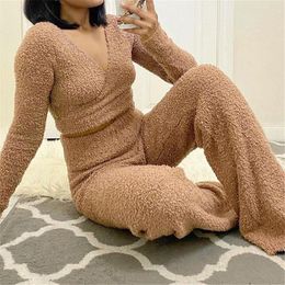 Women's Two Piece Pants AVV Elegant Soft Fluffy Plush Sets Winter Long Sleeve Lace Up Crop Top+Wide Leg Outfits 2021 Homewear Tracksuits