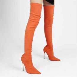 Boots Knee 2021 Autumn And Winter Pointed Suede Solid Colour Thin High Heels Sexy Women's Fashion Shoes Comfortable