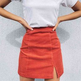 Woman corduroy skirt summer sexy mini Vintage harajuku s slit slim high waist straight ladies korean style 210621