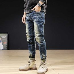 Italian Style Fashion Men Jeans Elastic Cotton Retro Blue Ripped Denim Trousers Streetwear Vintage Designer Slim Fit Long Pants