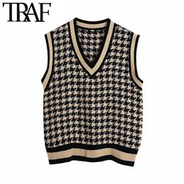 TRAF Women Fashion Oversized Houndstooth Knitted Vest Sweater Vintage V Neck Sleeveless Female Waistcoat Chic Top 210415