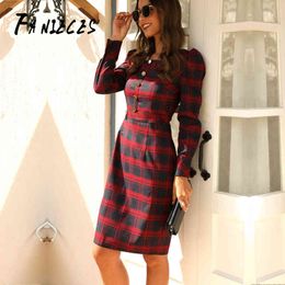 Colletto quadrato donna manica lunga scozzese corto mini abito primavera autunno femminile abiti a matita skinny abiti da verano ropa mujer 210520