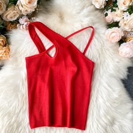 Helair Women Halter Chic Design Irregular Crop Tops Female Knitted Cross Straps Tank Tops Sexy Solid Crop Tops For Women X0507