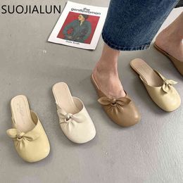 SUOJIALUN New Brand Women Slipper Round Toe Slip On Mules Shoes Ladies Cute Bow-knot Slides Flat Heel Casual Outdoor Sandals K78
