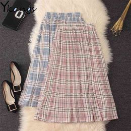 summer harajuku Sweet long skirt Women Pink high waist Plaid pleated Korean Style Chiffon plus size Streetwear 210421