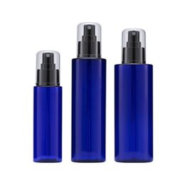Cosmetic Plastic Blue Bottle Flat Shoulder PET Black Spary Press Pump With Cover Empty Portable Refillable Packaging Container 100ml 200ml 250ml