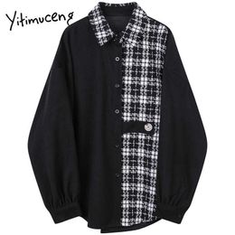 Yitimuceng Plaid Patchwork Blouse Women Vintage Shirts Loose Spring Fashion Clothes Turn down Collar Long Sleeve Tops 210601