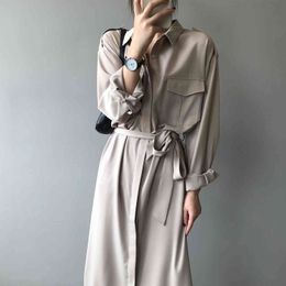 Autumn Fashion Dress Women's Thin Temperament Shirt Skirt French Light Mature Style Over The Kness Long Female 210520