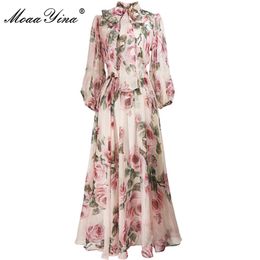 MoaaYina Spring Summer Fashion Designer dress Women Dress Bow collar Rose Floral-Print Elegant Vacation Chiffon Dresses 210331