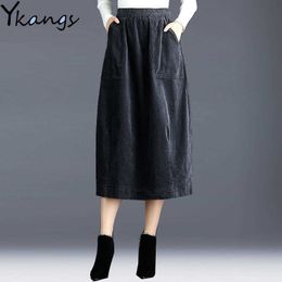 Winter Plus Size Women pocket Corduroy Skirt Autumn Vintage Harajuku Loose Female Long Skirt elastic High Waist Lady Faldas 210619