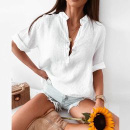 Women Loose Short Sleeve Casual Blouses Summer V Neck Button Pullover Shirt Elegant Solid Blouse Streetwear Fashion 210526