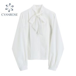 Autumn fashion women solid color bow tied design casual white blouse shirt Elegant office lady puff sleeve work wear female tops 210417