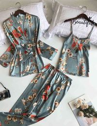 Sexy thin ice silk imitation silk fashion fine shoulder strap Satin printed long sleeve pajamas fun home clothes 211202