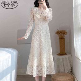 Vintage lace dress for Women V-neck A-Line Button High Waist Sweet Solid Long Sleeve Spring Dresses 12909 210417