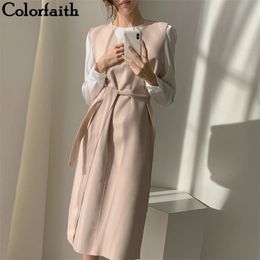 Colorfaith New Winter Spring Women Dresses Sashes Solid Split Straight Knitting Warm Sweater Elegant Office Ladies DR7199 210401