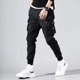 Streetwear Ribbons Casual Pants Men Black Slim Mens Joggers Pants Side-pockets Cotton Man Trousers X0723