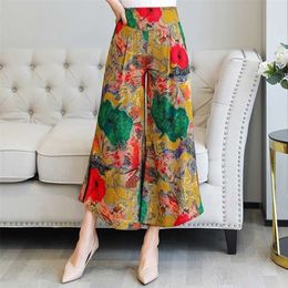 Multicolor Floral Print Wide Leg Pants Women Summer Boho Loose Ankle-Length Trousers High Waist Plaid 211115