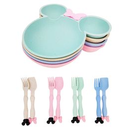 3pcs Wheat Straw Baby Cartoon Tableware Set Children's Dishes Kids Dinner Platos Baby Feeding Plate Training Bowl Spoon Fork