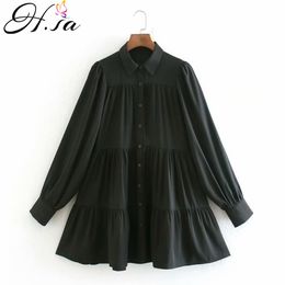 H.SA Women Ruffles Dresses Long Sleeve Black Shirt Turn Down Collar Button Up Oversized Party Vestidos Robe Mujer 210417
