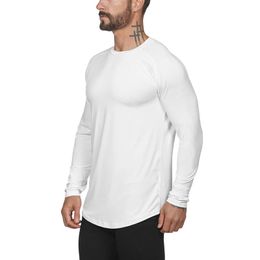 New Mesh solid long sleeve t shirt men fashion brand clothing slim fit fitness High stretch o neck Bodybuilding t-shirt male 210421