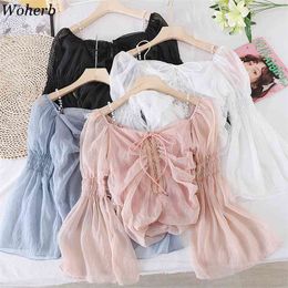 Blouse Women Chic Pearl Baeding Shirts Square Collar Chiffon Blusas Mujer Lace Up Flare Sweet Blouses Tops 95441 210519