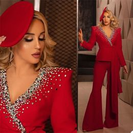 Luxury Crystal 2 Piece Women Suits High Qualit Beads Custom Made Red Suit With Belt Fashion Formal Lady Office Women's Two Pants