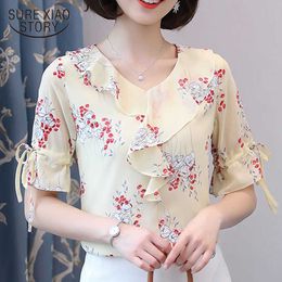 Women tops and blouses white blouse shirt Ruffles short sleeve shirt V-Neck Flare Sleeve chiffon blouse harajuku 4113 50 210528