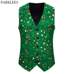 Green Christmas Vest Men Brand 3D Candy Cane Print Waistcoat Mens Xmas Feliz navidad Party Tuxedo Vests Chaleco Hombre 210522