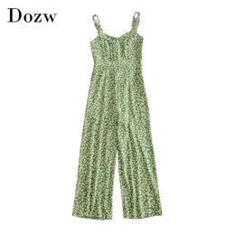 Boho Floral Print Bodysuit Women Bow Tie Spaghetti Strap Holiday Beach Playsuit Ladies Casual Wide Leg Jumpsuit 210414