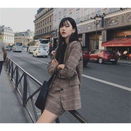 plaid skirts suits Girls Female Vintage Autumn elegant Women's Sets (Separate) two 2 piece outfits for women 210417