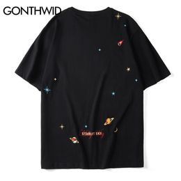 GONTHWID Embroidery Planets Stars Tees Shirts Streetwear Harajuku Casual Short Sleeve Tshirts Mens Hip Hop Fashion Summer Tops 210409