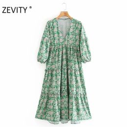 ZEVITY women vintage v neck flower print casual loose midi dress female three quarter sleeve vestido chic pleats dresses DS4411 210331