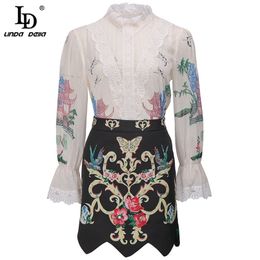 Runway Autumn Skirts Suits Women's Elegant Embroidery Lace Blouse and Beading Vintage Print Skirt 2 Two Piece Set 210522