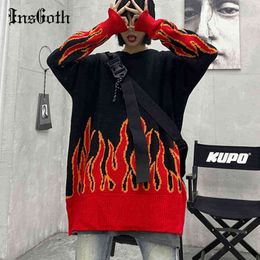 InsGoth Harajuku Oversized Black Sweaters Gothic Punk Flare Graphic Sweater Streetwear Grunge Long Sleeve Knitted Sweaters Y1110