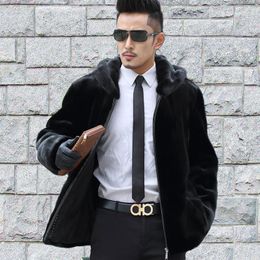 Men's Leather & Faux Mink Coat Male The Whole Paragraph Grass Zipper Skin Man Loose Bring Hat And Fur Wear