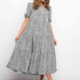 Summer puff sleeve plaid polka dot stitching loose beach boho dress for womens long casual maxi Dress vintage dress vestido 210514