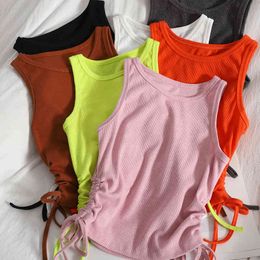 Korean o neck sleeveless vest tank tops for women summer fashion double drawstring tie slim solid Colour shirt student 210420