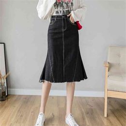 Summer Mermaid Denim Skirt Women Fish Tail Trumpet Ruffles Midi High Waist Stretchy B03212B 210421