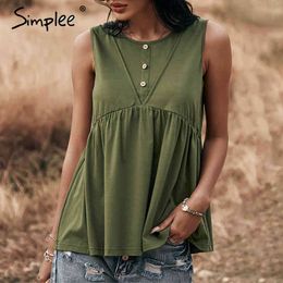 Casual cotton button sleeveless frilly t-shirts women Fashion backless o-neck sexy tee summer Streetwear lady tops 210414