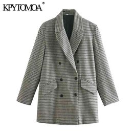 Women Fashion Office Wear Double Breasted Check Blazer Coat Long Sleeve Pockets Female Outerwear Chic Tops 210420