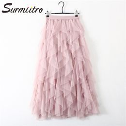 SURMITRO Irregular Tulle Skirt Women Spring Summer Korean Elegant High Waist Pleated Female A-line Long Maxi 210421