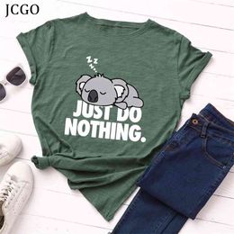 JCGO Women T shirt Summer Short Sleeve 100% Cotton Plus Size S-5XL Oversize Cute Koala Print Casual Tee Tops O Neck Lady tshirts 210406