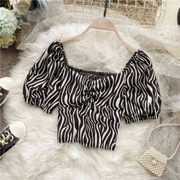 Women's Short-sleeve Shirt Tops Summer European American Style Square Collar Short Zebra Print Waist Blouse ML760 210507