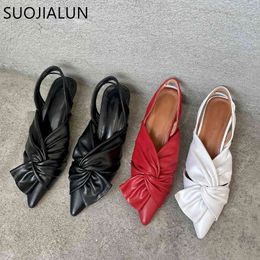 SUOJIALUN 2021 Spring Slingback Sandals Low Heel Pumps Shoes Bow-knot Elegant Pointed Toe Wedding Party Shoes Zapatos Mujer C0330