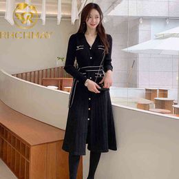 2021 New Autumn Korean Temperament Vestidos Women's V Neck Long Sleeves Hit Color Elastic Waist Knitted Midi Dress Y1204