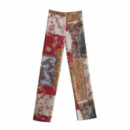 2021 New Spring Women Patchwork Printing Satin Straight Pants Casual Lady Loose Trousers P Q0801