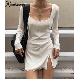 Rockmore Split Lace Sexy Mini Dress Women Transparent Long Sleeve Bodycon Square Collar Above Knee Dresses Party Dress Vedtidos X0521
