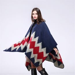 Women Autumn Winter Sweater Wild Plaid Ladies Travel Shawl Imitation Cashmere Foreign Ethnic Style Split Fork Thick Cloak 210427