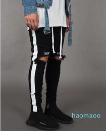 Designer-New Fashion Mens Jean Street Black Holes White Stripes Jeans Hiphop Skateboard Pencil Pants